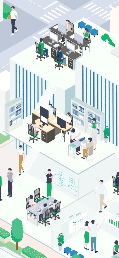 本部のりそな社員がコーポ―レート系の部署でパソコン作業をするイラスト