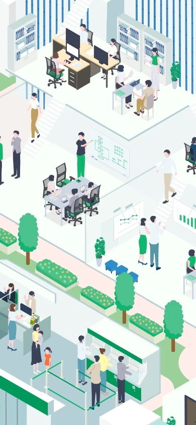 本部のりそな社員が管理系の部署でパソコン作業をするイラスト