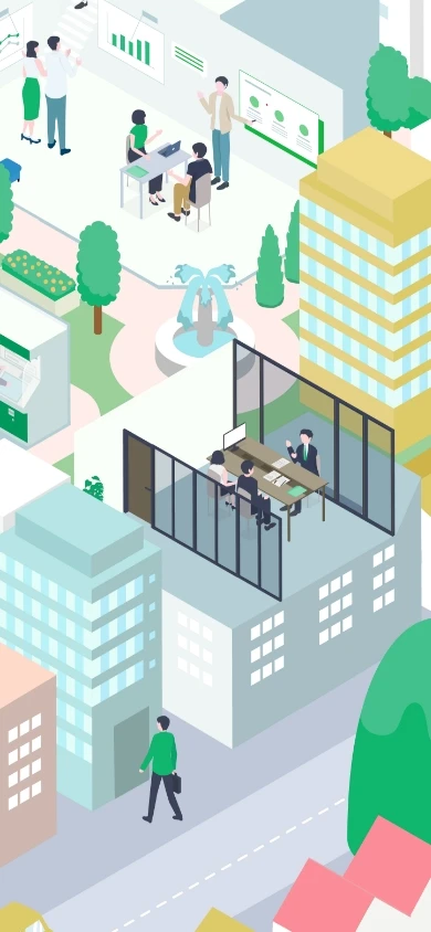 本部のりそな社員が推進系(営業)の部署で打ち合わせするイラスト